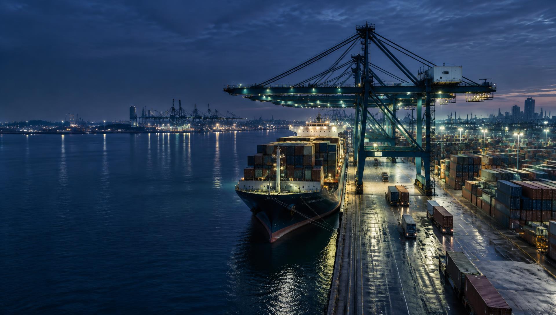 Cargo containers and vessels at an international port